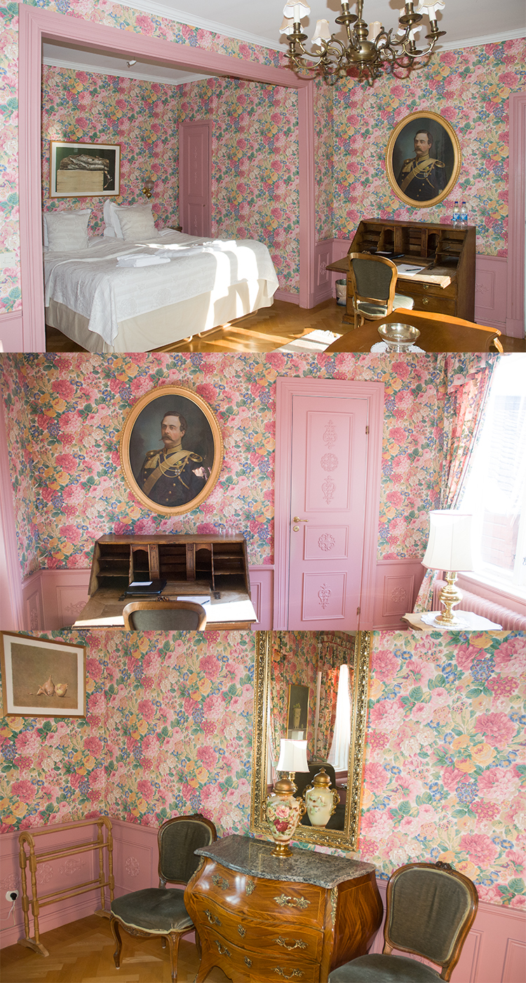 Charmigt sovrum med rostapet och rosa lister
